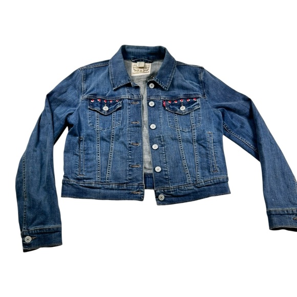 Levi’s Women’s Cropped Blue Denim Jean Jacket – Size L Red Embellished Detail - Picture 3 of 10